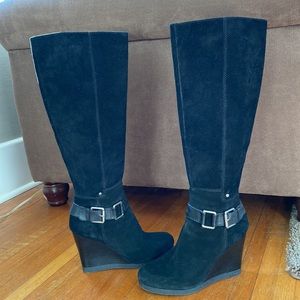 EUC Women’s 9 Nine West black suede leather tall wedge boots buckle 8.5